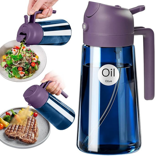 YARRAMATE 16oz/470ml Light-Blocking Dark Oil Sprayer for Cooking (Purple) | 2 in 1 Olive Oil Dispenser Bottle for Kitchen, Premium Blue Glass Oil Bottle, Food-Grade Oil Mister for Air Fryer, BBQ