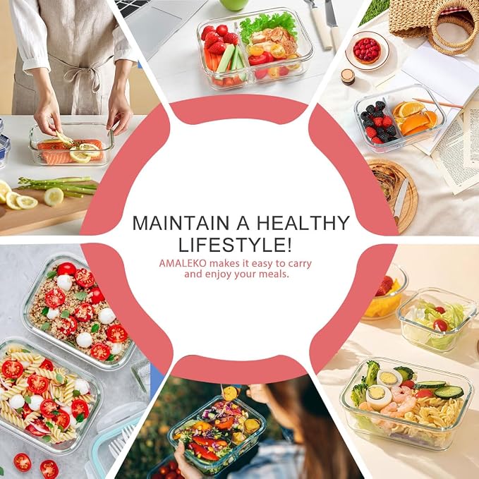 AMALEKO 42pcs Glass Food Storage Containers with Lids Set, 21 Containers & 21 Lids Glass Meal Prep Containers with Snap Locking Lid Set, Leak Proof Lunch Container BPA-Free,Pink