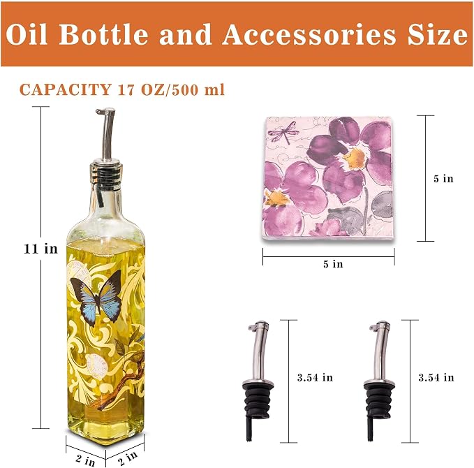 Topadorn Set of 2 Butterfly Olive Oil Dispenser Bottles, 17oz Decorative Glass Oil & Vinegar Cruet Set with Pour Spouts, Refillable Kitchen Countertop Dispensers