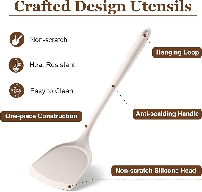 LIANYU Non-Toxic Silicone Kitchen Utensils Set, 8 Piece Non-Scratch Cooking Spoons & Spatulas, Stainless Steel Core, Heat Resistant & Dishwasher Safe, Khaki