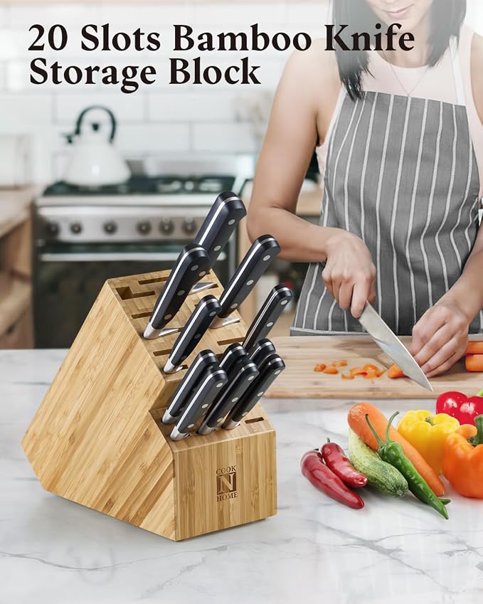 Cook N Home Basics,Bamboo Cutlery Block without Knives, Universal Knife Holder Countertop Butcher Block Knife Stand for Easy Kitchen Storage, 20-Slot