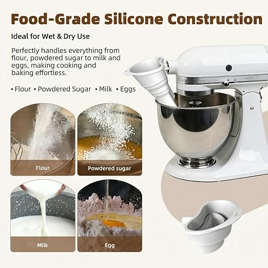 Upgraded Silicone Flour Funnel for KitchenAid Mixers, Foldable Longer Thickened Pour Baking Attachment Accessory, Fits KitchenAid 4.5-7QT Stand Mixer KSM150, Dishwasher Safe(White)