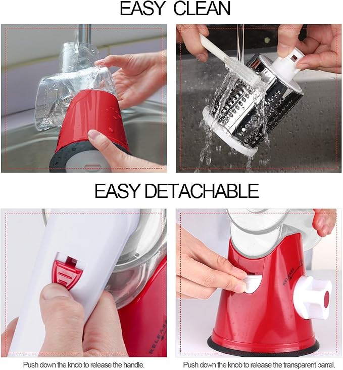 Ourokhome Rotary Cheese Grater Hand Crank, Kitchen Shredder Speed Mandolin Slicer Nut Grinder with Handle and Drum Blades for Cheese, Vegetable, Walnut, Chocolate, Potato, Carrot, 3 Blades, Red