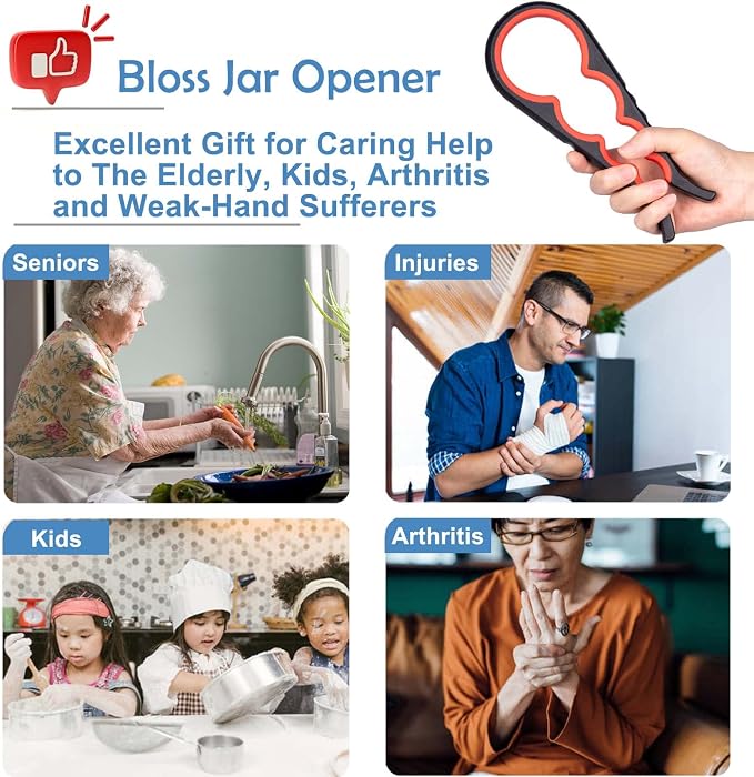 Bloss Jar Opener Bottle Opener for Seniors,Weak Hands and Arthritis,Black | Anti-Slip Rubber Strip Inside,Eight Sizes of Circular Openings,Cap and Bottle Great Kitchen Gadgets,Useful Gifts for Elderly