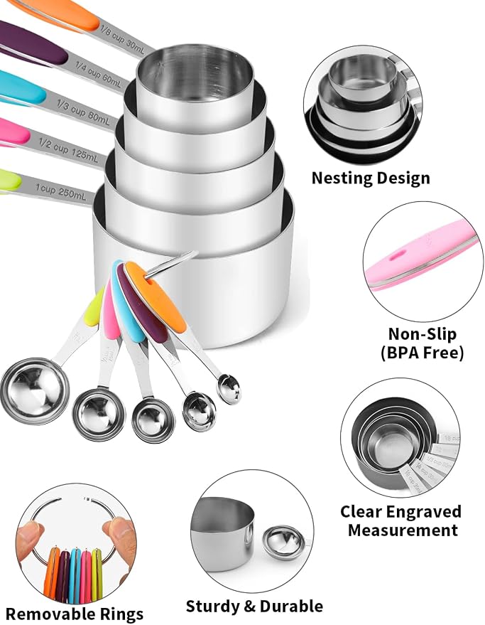 Joyhill Stainless Steel Measuring Cups and Spoons Set of 10 Piece, Nesting Metal Measuring Cups Set with Soft Touch Silicone Handles for Dry and Liquid Ingredients, Cooking & Baking (Colorful) | BPA-Free Silicone Handles, Etched Markings, Nestable Desi...
