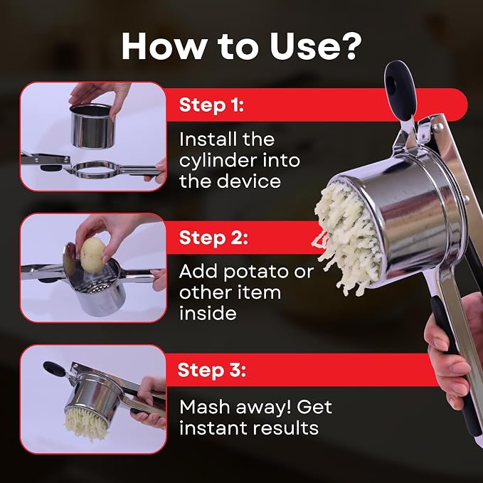 Large 15oz Potato Ricer - Professional 430 Stainless Steel Masher for Fluffy Mashed Potatoes, Gnocchi, Guacamole & Baby Food - Ergonomic Non-Slip Handles, Heavy Duty & Dishwasher Safe Kitchen Press