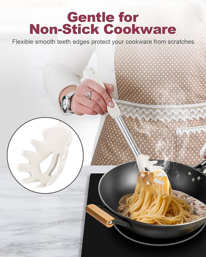 2-Piece Silicone Spaghetti Spoon and Pasta Tong Set, Heat-Resistant Non-Stick Noodle Server with Teeth, 13“ BPA-Free Spaghetti Strainer Fork, Stainless Steel Handle for Pasta Cooking, Beige
