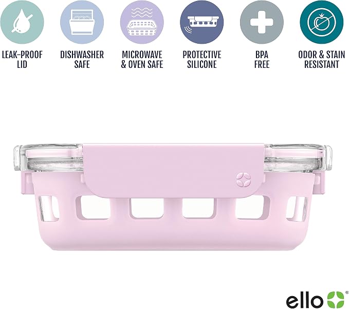 Ello Duraglass 1.75 Cup Glass Meal Prep Container with Lid, Pink Cashmere | 1.75 cup glass meal prep container with silicone sleeve, leakproof BPA-free lid, microwave, freezer and dishwasher safe