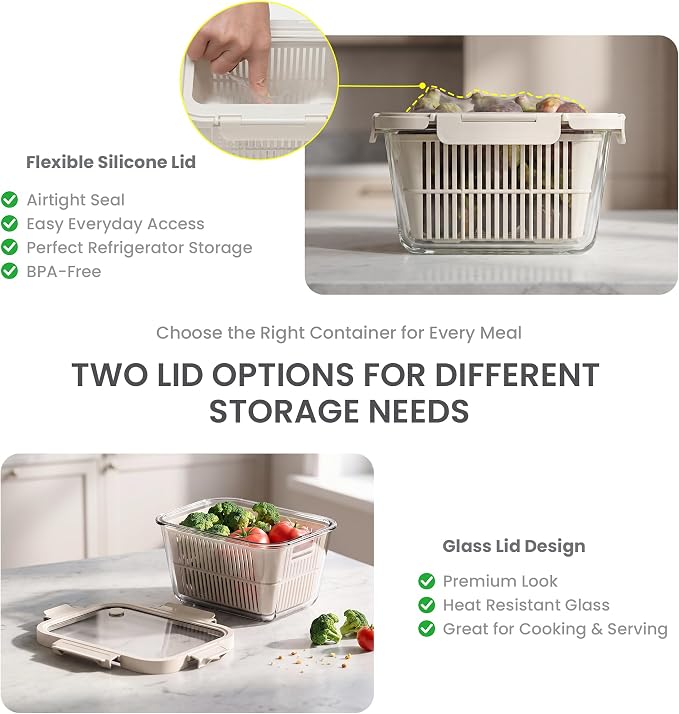 2 Pack Large Glass Produce Containers for Fridge with Colanders | 142oz Borosilicate Glass Produce Containers, Airtight Food Storage with 81 oz Glass Lid & 61 oz Silicone Lid, BPA Free