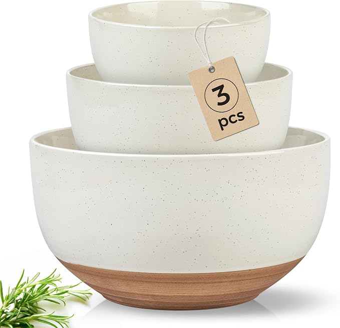 AmorArc Ceramic Mixing Bowls,Stoneware Nesting Bowls Set of 3 for Kitchen | Serving Bowls with Rustic Terracotta Underside for Mixing,Cooking,Baking,Salad,Microwave&Dishwasher Safe 4.6/2.8/1.3 Qt-Beige