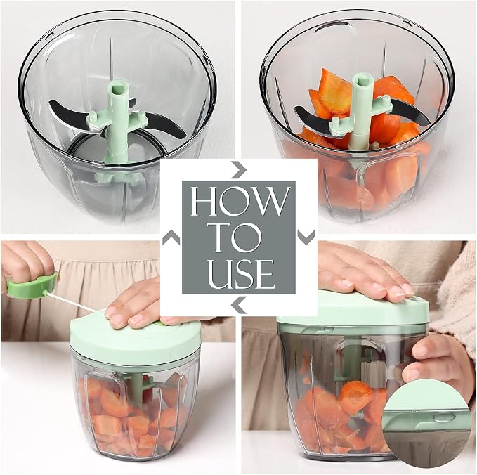 Ourokhome Manual Food Processor Vegetable Chopper, Portable Hand Pull String Garlic Mincer Onion Cutter for Veggies, Ginger, Fruits, Nuts, Herbs, etc., 900ml, Green