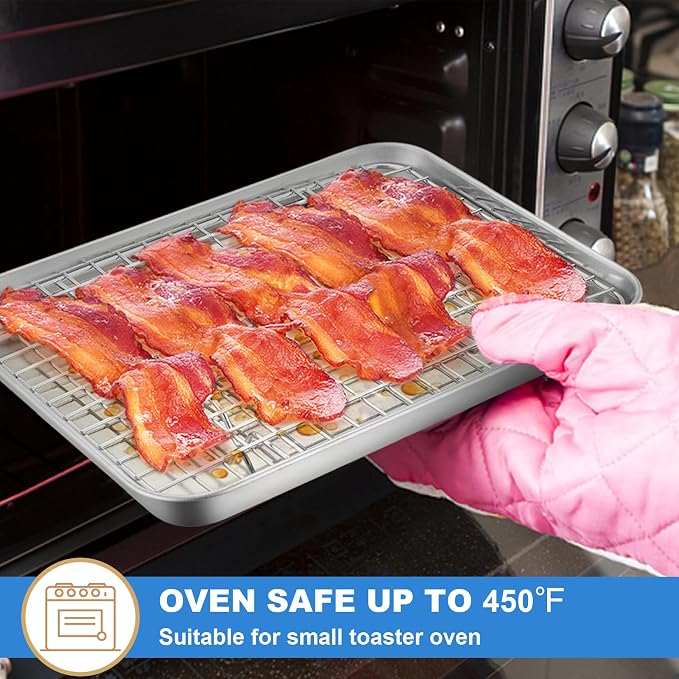 P&P CHEF 12.5+9 Inch Toaster Oven Pan Tray with Wire Rack, 4 PCS | Baking Sheet Pan + Cooling Rack for Cooking/Roasting, Dishwasher Safe & Rust Free, Non-toxic & Sturdy