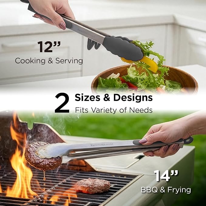 Kitchen Mama DuoEssentials Cooking Tongs Set, Metal Gray | 12" Silicone Tip & 14" Stainless Steel, BBQ Grill Tongs, Locking Ring, Heat Resistant, Non Stick & Dishwasher Safe