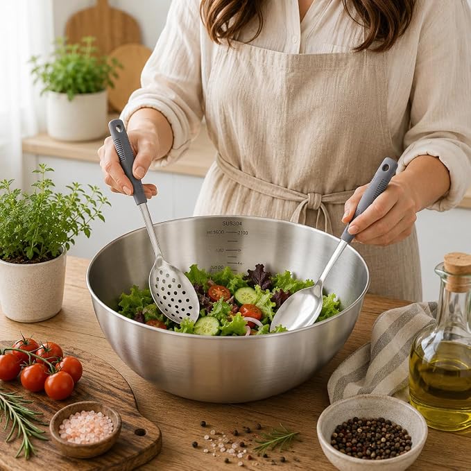 Serving Spoon Set with Silicone Handles,2-Piece spoon | Stainless Steel Serving Spoon, Slotted Spoon & Soup Ladle Set for Buffet and Home Kitchen
