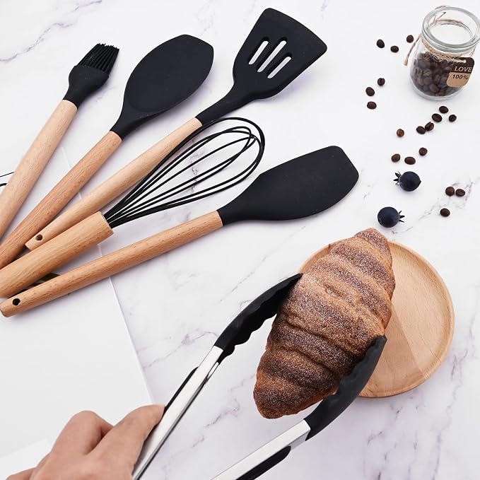1pcs Black Silicone Kitchen Tongs Cooking Utensils Stainless Steel Locking Cooking Tong for Salad BBQ Serving Buffet Frying Tongs