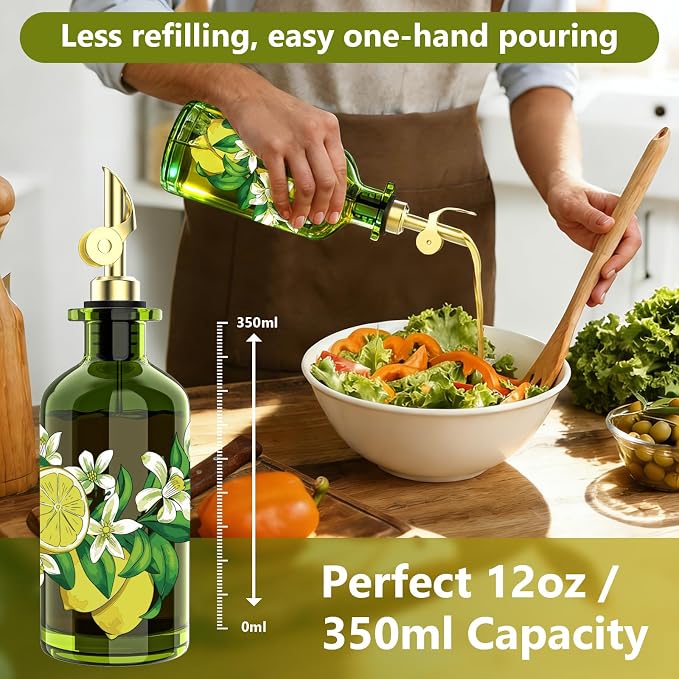 Olive Oil Dispenser Bottle for Kitchen, 12oz/350ml Extra Thick Glass Oil and Vinegar Cruet with Stainless Steel Pourer, Funnel & Cleaning Brush, Premium Oil Dispenser Set (Lemon)