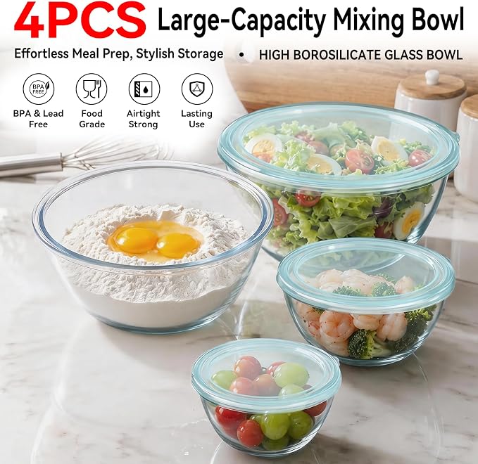 YUANYE 4 Pack Glass Mixing Bowls with Lids Set (3QT/1.7/0.9/0.6QT),Thick Glass Large Salad Bowl Set, Nesting Kitchen Bowls for Serving, Prepping, Cooking and Baking, Dishwasher, Oven,Microwave Safe