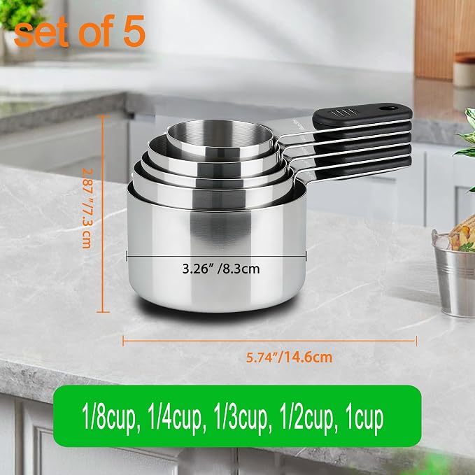 Magnetic Handles 5 Piece Stainless Steel Measuring Cups, Black, Kitchen Gadgets for Measure Liquid and Dry Ingredients, Cooking & Baking
