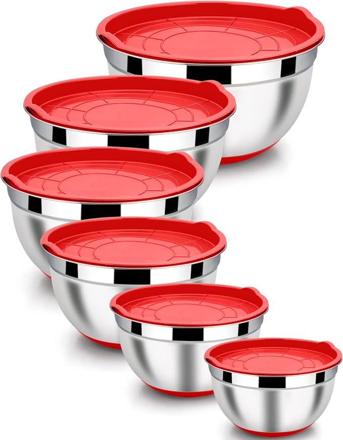 LIANYU Mixing Bowls Set of 6 with Airtight Lids, Non-slip Bottom | Large Metal Size 7, 3.5, 2.5, 2, 1.5, 1QT, Stainless Steel Nesting Bowls for Cooking, Baking, Food Storage, Red