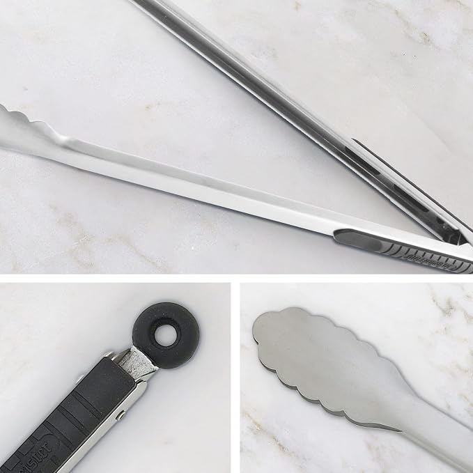 Messermeister Stainless Locking Tongs, 16” - Gently Grips Food - Durable Stainless Steel & Non-Slip, Silicone Grip - Dishwasher Safe