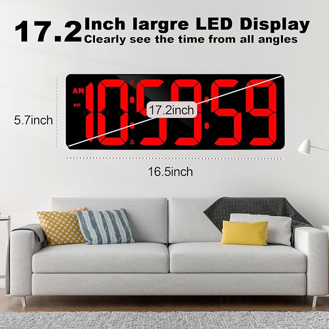 TXL 17.2" Large Digital Timer Clock, Countdown Timer for Classroom Home Gym Kitchen Office, LED Wall Clock with Remote Control, 4 Dimmable Brightness, 12/24H, Auto DST(Red)