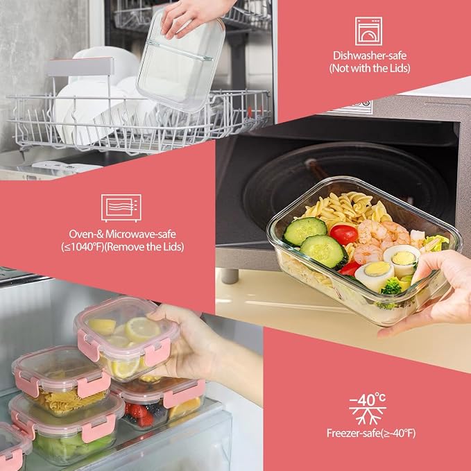 AMALEKO 42pcs Glass Food Storage Containers with Lids Set, 21 Containers & 21 Lids Glass Meal Prep Containers with Snap Locking Lid Set, Leak Proof Lunch Container BPA-Free,Pink