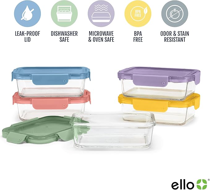 Ello Color Lock 3.4 Cup Glass Meal Prep Containers & Lids, 10 Pack, Desert Festival