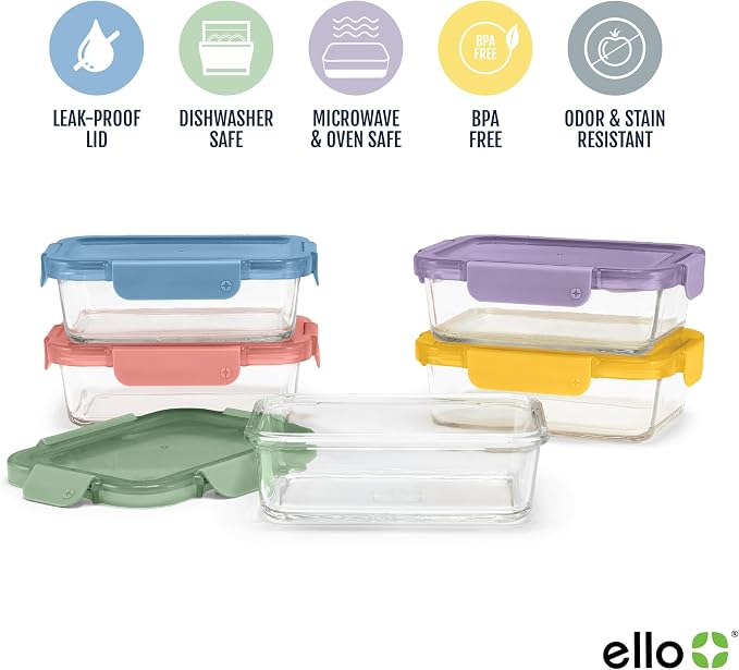 Ello Color Lock 3.4 Cup Glass Meal Prep Containers & Lids, 5 Pack, Desert Festival