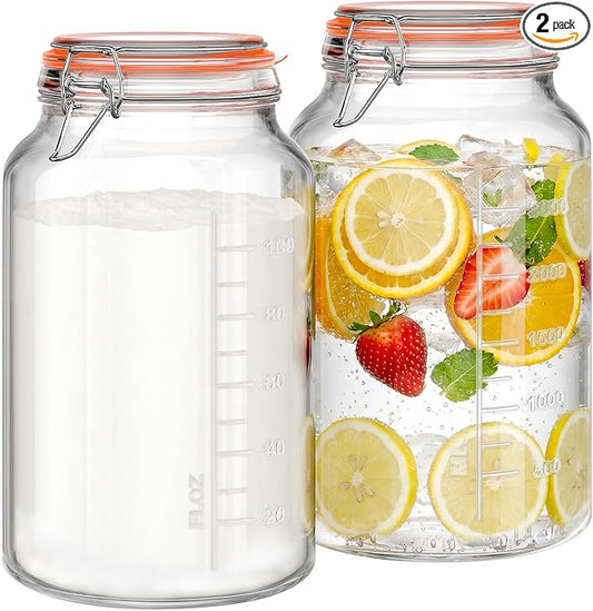 1 Gallon Glass Jars with Lids, 2 Pack Wide Mouth Mason Jars, 138 oz | Airtight Lids, Measurement Marks, Dishwasher Safe, Heavy-Duty Glass Storage Containers for Flour, Sugar, Kitchen & Pantry