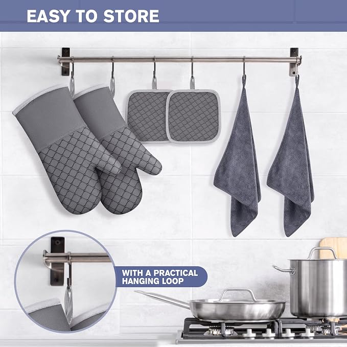 6 Pcs Oven Mitts and Pot Holders, 500℉ Heat Resistant Oven Mitts with Kitchen Towels Soft Cotton Lining and Non-Slip Silicone Surface Safe for Baking, Cooking, BBQ (Grey)
