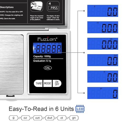 Fuzion Pocket Gram Scale - 1000g/0.1g Digital Mini Travel Food Scale | Easy of Use, LCD Display, Tare Function, 6 Modes Ounces Grains, Batteries Included