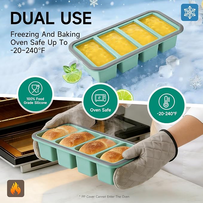 Tvmania 2-Pack Silicone Freezer Tray with Lid - 1 Cup / 4 Compartment Soup Freezer Container for Broth, Sauce & Meal Prep - Large Ice Cube Tray for Whiskey - Stackable, Easy Release, Oven Safe