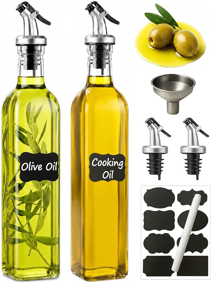 WERTIOO Oil Bottles for Kitchen 2 Pack, 17oz Oil and Vinegar Dispenser Set | 500ml Olive Oil Dispenser Bottle for Kitchen, with 4 Plastic Pourer, 1 Stainless Steel Funnel, Pen and Label
