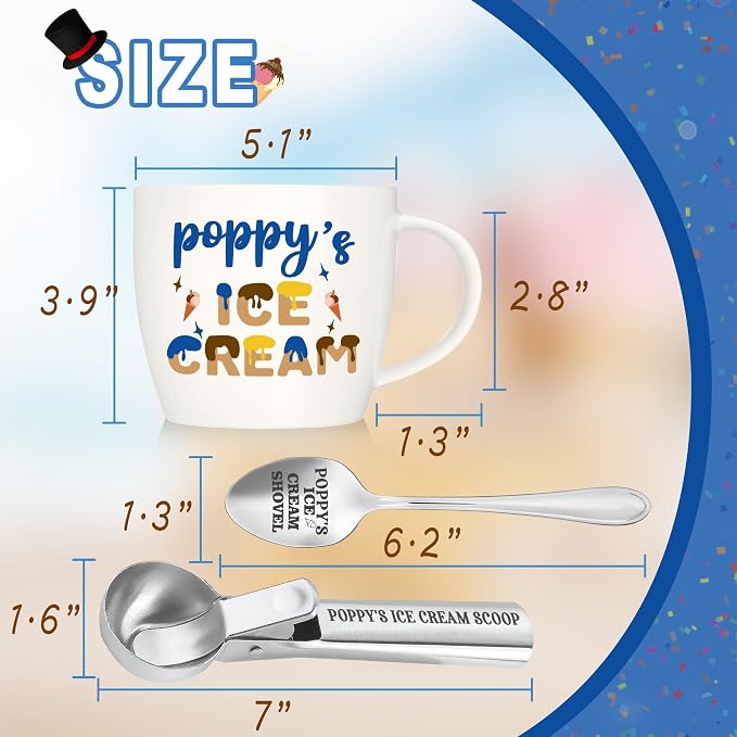 Christmas Poppy Gifts, Gifts for Grandpa from Grandkids, Poppy's Ice Cream Bowl Scoop Shovel Spoon Set, Poppy’s Ice Cream Birthday Grandparents Day Gift for Him Man