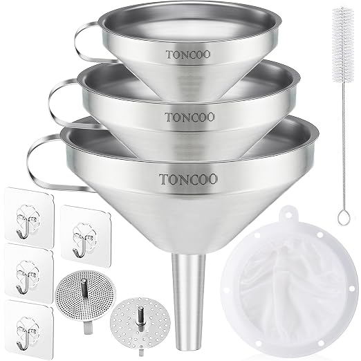 Toncoo 3 Pack Stainless Steel Funnels for Kitchen Use, Food Grade Cooking Funnel with 3 Strainer, Kitchen Funnel Set Metal Funnels for Filling Bottles