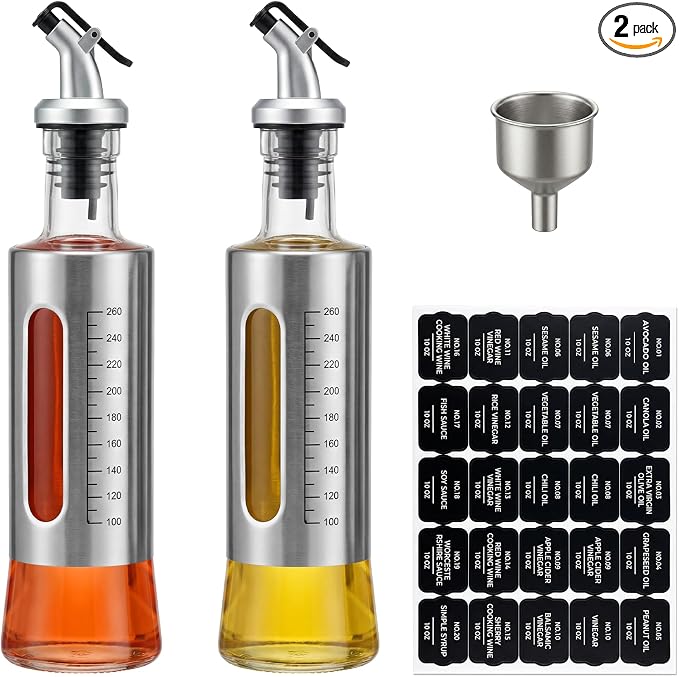 Olive Oil Dispenser for Kitchen, 2 Pack 10oz/300 ML Cooking Oil and Vinegar Dispenser Set with 20 Labels Stainless Steel Funnel, Olive Oil Bottle, Soy Sauce Dispenser, Coffee Syrup Bottles
