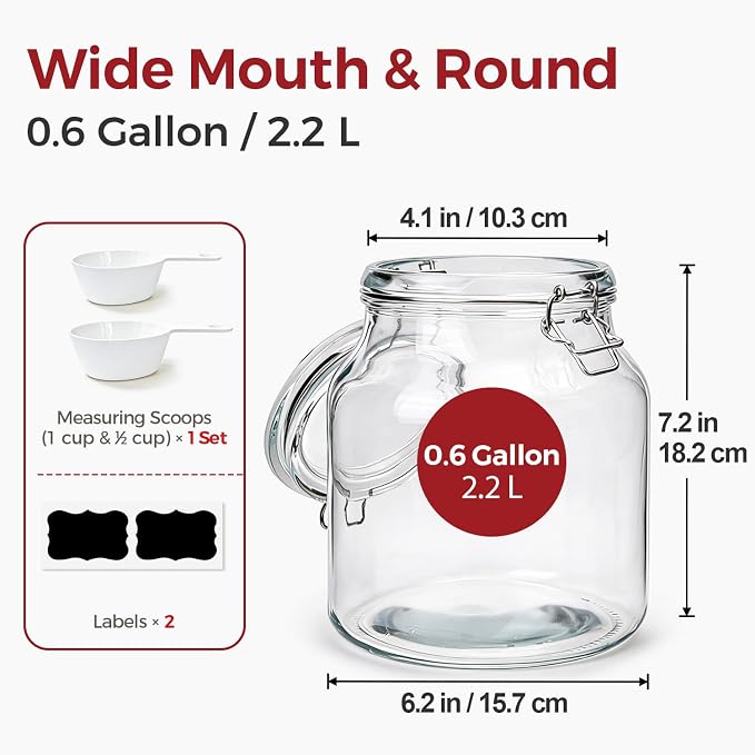 Glass Jars with Airtight Lids 0.6 Gallon 2 Pack Kitchen Canisters | Wide Mouth, Scoop Included, Flour Sugar Storage Containers,Baking Supplies,Leak Proof,BPA-Free,Pantry Organization, Pickling