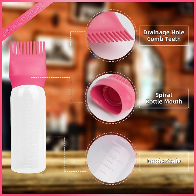 2 Pack Root Comb Applicator Bottle Tools 6 Ounce, Hair Oil Applicator Bottle with Hair Oil Dispenser Root Comb Brush for Scalp Oil Hair Oiling Applicator -Dark Pink
