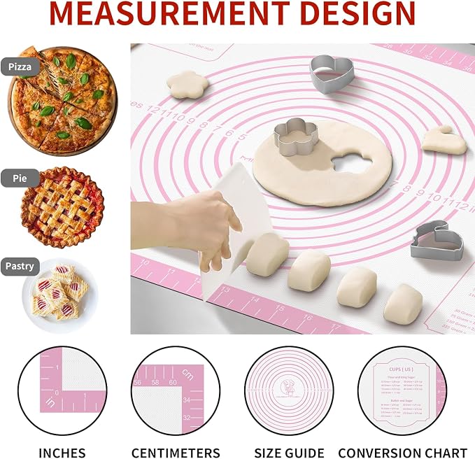 Non-stick Silicone Pastry Mat, Silicone Baking Mat with Measurements, Kitchen Counter Mat, Dough Rolling Mat, Oven Liner, Fondant Mat, Pie Crust Mat Silicone Bread Mat