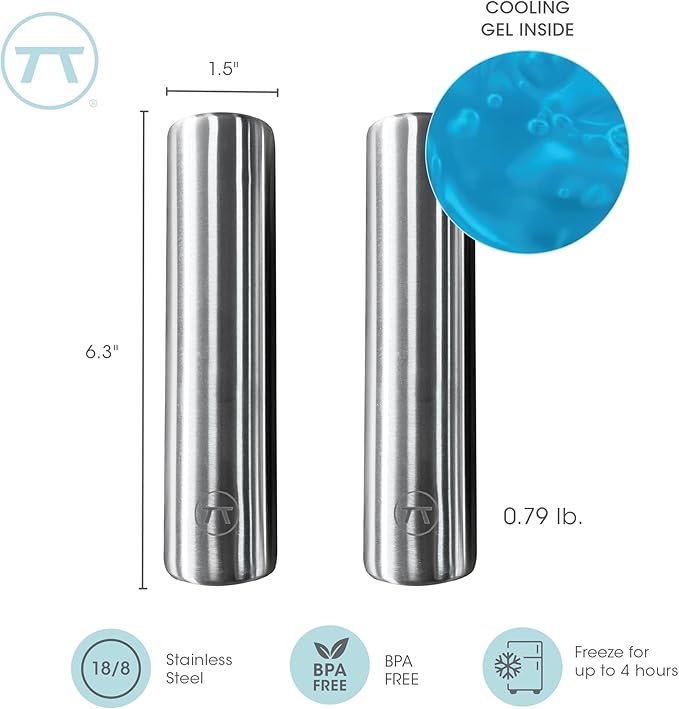 Outset Stainless Steel Cylinder Ice Packs, Set of 2 Metal Lunch Box Coolers | Cylinder Ice Pack | Reusable Travel & Lunch Box Ice Packs | Long Lasting Cold | Thin Ice Pack | Durable Stainless Steel Set