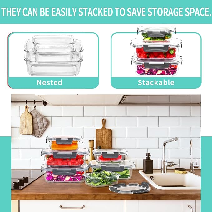 10-Pack Large Glass Meal Prep Containers, Food Storage Containers with Lids | Pantry Kitchen Organizers and Storage, Glass Lunch Bento Boxes for Microwave, Oven, Freezer and Dishwasher, Leak Proof, Grey