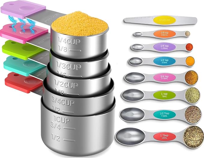 Stainless Steel Magnetic Measuring Cups and Spoons Set, 5 Nesting Magnetic Measuring Cup, 7 Magnetic Measuring Spoons, 1 Leveler for Liquid & Dry