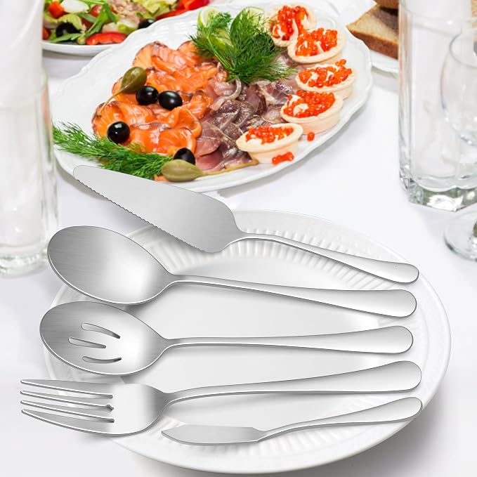 LIANYU 48-Piece Silverware Set with Serving Utensils, Flatware Set for 8, Includes Knives, Spoons and Forks, Stainless Steel Cutlery Eating Utensils, Mirror Finish, Dishwasher Safe