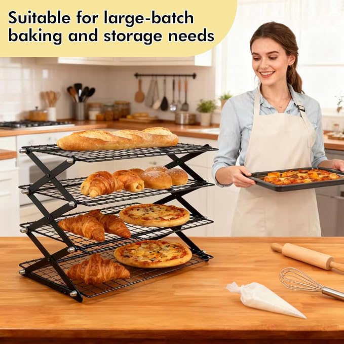 4 Tier Collapsible Cooling Rack - 3 Setting Adjustable & Stackable Stainless Steel Baking Rack, Stackable Cooling Racks for Baking, Cookies, Cakes, Roasting, Grilling, Drying, Space-Saving (Black)