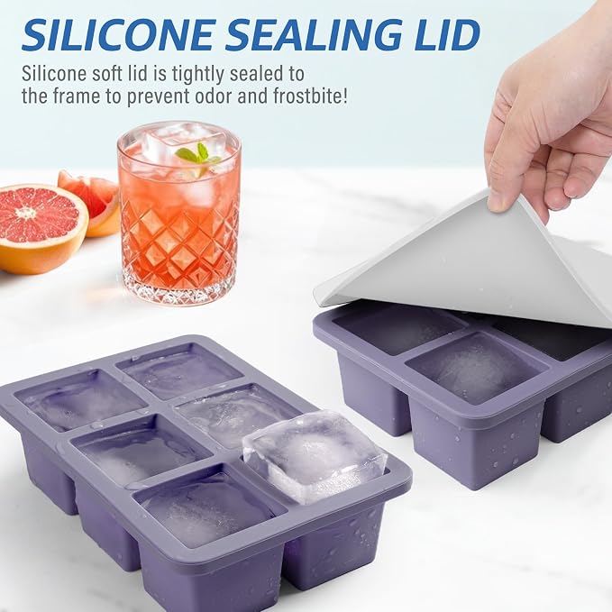 mossime Silicone Ice Cube Tray: 2pack Square Whiskey Large Ice Cube Molds - Old Fashioned Ice Cube Trays with Lid - 2inch Easy Release Big Freezer Mold for Cocktail Food Soup & Juice
