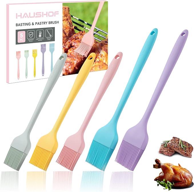 HAUSHOF Silicone Basting Pastry Brush, One-Piece Pastry Brush Set | Dishwasher Safe, Heat Resistant, Perfect for Baking, Grilling, Spreading Oil, Butter, BBQ Sauce or Marinade