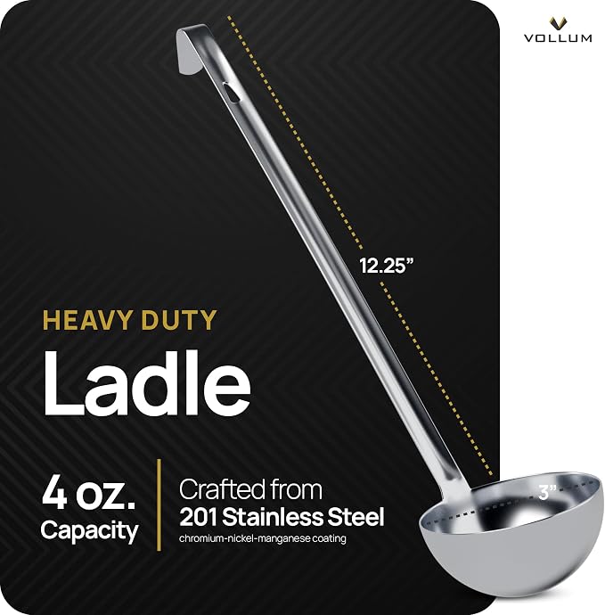 Vollum 1-Piece Stainless Steel Ladle - Heavy Duty Commercial Thick Stainless Steel - 4 Ounce (3.1" Bowl Diameter, 12.25" Handle Length)