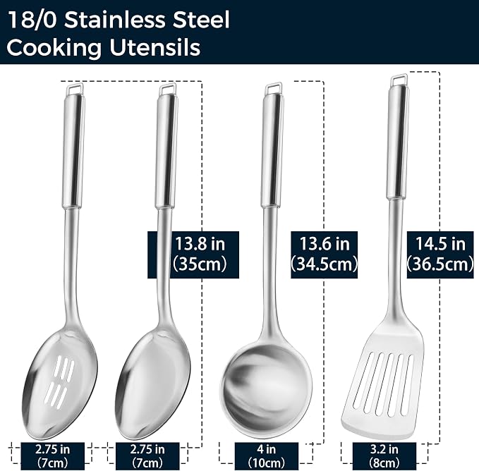 18/0 Stainless Steel Kitchen Cooking Utensil Set, Ergonomic Handle, Dishwasher Safe, Slotted Spoon, Ladle, Turner, Serving Spoon for Housewarming Daily Use Commercial, Pack of 4