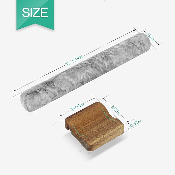 ComSaf Marble Rolling Pin with Wood Cradle 12 Inch White, Non-Stick Dough Roller Professional Essential Kitchen Utensil French Heavy Duty for Baking, Pizza, Fondant, Pie Crust, Cookie, Pastry