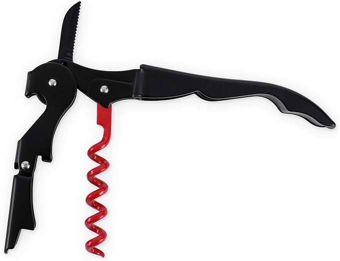 True Truetap Double Hinged Waiter's Corkscrew Wine Opener, Stainless Steel Wine Bottle Opener with Built In Foil Cutter, Home Bar Tools, Bar Cart Accessories, Wedding Gifts, Set of 1, Black Red